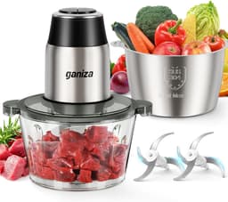 Elektrische Hakmolen met 2 Kommen – 2x 1,8L RVS en Glas – 2 Snelheden – Foodprocessor voor Vlees, Groenten en Noten — thumbnail 1