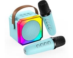 Karaoke Set voor Kinderen met Bluetooth Speaker van MMOBIEL – Met 2 Draadloze Microfoons, LED-verlichting, Geluidseffecten – Feest, Cadeau voor Meisje, Jongen, Kinderen 3+ jaar – Blauw