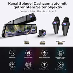 SnelShoppen - 360° 4-kanaals spiegel dashcam met losse camera's voor auto, 12 inch touchscreen, 4×FHD 1080P, nachtzicht, GPS, parkeerbewaking, 128GB g — thumbnail 2