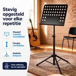 JustValue Heavy-Duty Muziekstandaard - Verstelbaar 60-120 cm - Geperforeerd Metalen Blad 49 x 35 cm - Zwart — thumbnail 4