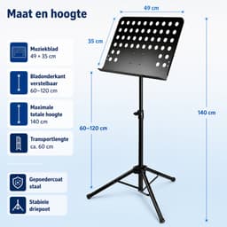 JustValue Heavy-Duty Muziekstandaard - Verstelbaar 60-120 cm - Geperforeerd Metalen Blad 49 x 35 cm - Zwart — thumbnail 2