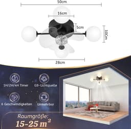 Plafondventilator met G9-licht, stille DC-motor, 6 snelheden, timer, afstandsbediening, 4 melkwitte lampenkappen, voor 15-25 m², zwart. — thumbnail 4
