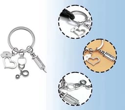 4-delige set driedelige sleutelhangerset met creatieve combinatie (stethoscoop spuit verpleegsterdop) cadeaus voor medische studenten verpleegstersgeschenken - Kleur: roestvrij staal — thumbnail 2