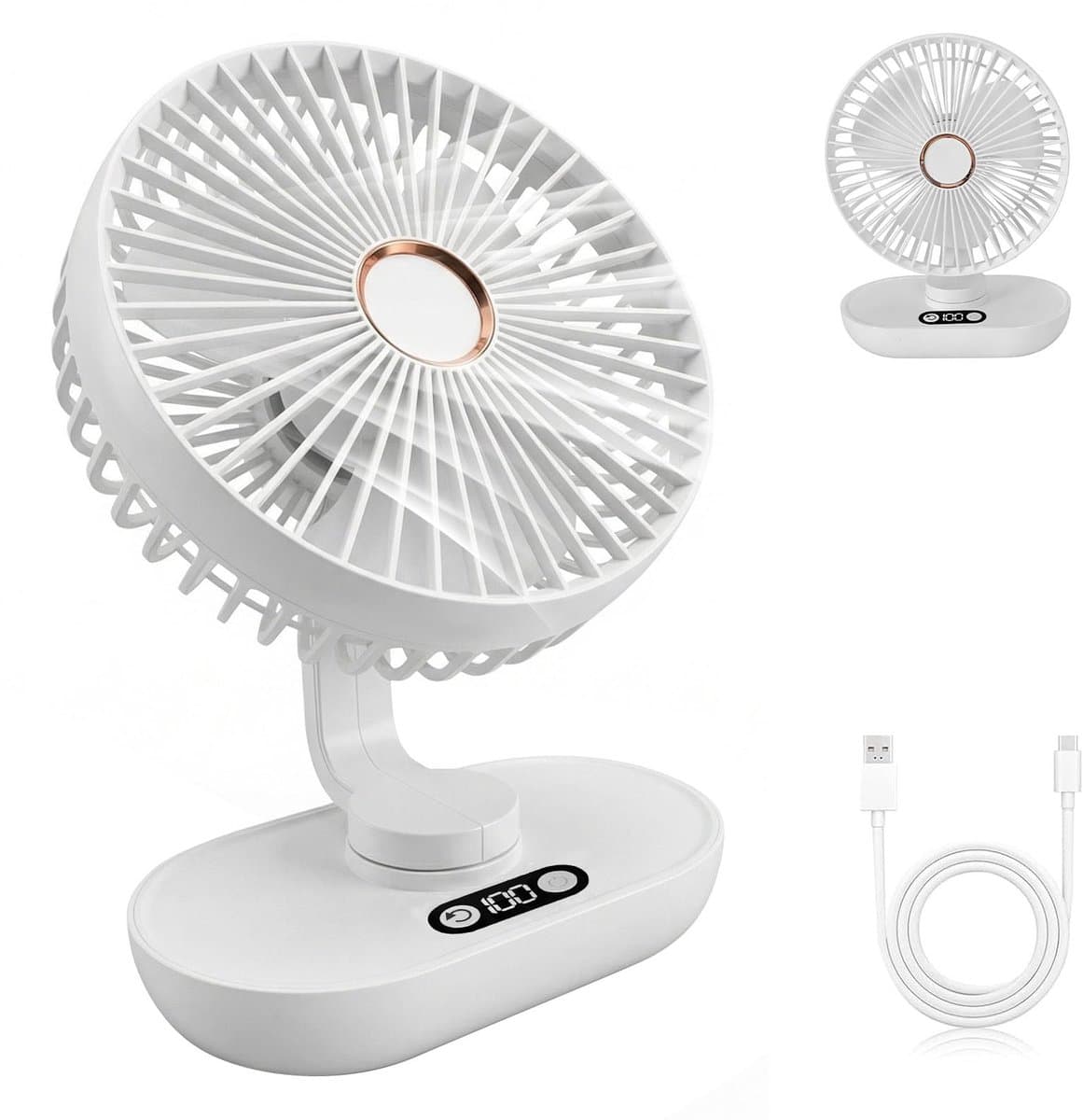 longziming -Oscillerende Mini Tafelventilator - Compacte Bureaukoeler - Draadloze Ventilator - 120° Horizontale Oscillatie - Borstelloze Koperen Motor - LED Digitalaanwijzing - Fluisterstil Koelcomfort - 1 Stuk — afbeelding 1