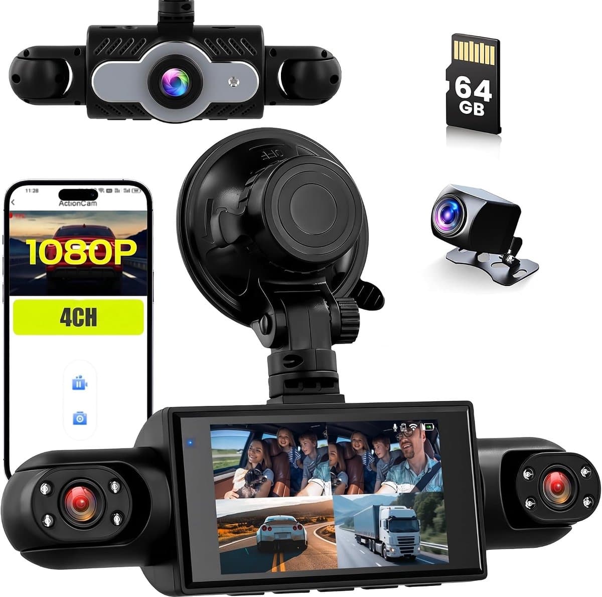 SnelShoppen - 360° Dash Cam 4 Kanalen 1080P Auto Camera met 64G SD-kaart, G-Sensor, Loop Opname, Nachtzicht en Groothoek 150° voor Achter Interieur — afbeelding 1