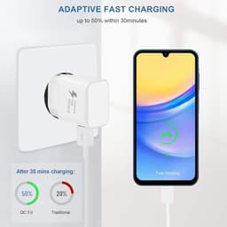 USB Oplader met Oplaadkabel USB Type-C geschikt voor Samsung Galaxy A15 A14 A13 A04s A05s A71 A55 A54 A53 A52s A40 A35 A34 A33 A25 A23 M51 M34 M14 S8 S9 S10 S20 - Snellader Adapter Mobiele Telefoon Kabel — thumbnail 2