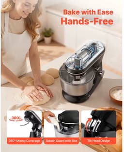 Keukenmachine 6L - Stand Mixer met RVS Mengkom - 6 Snelheden + Pulse - Deeghaak, Garde & Menghaak - Zwart — thumbnail 4