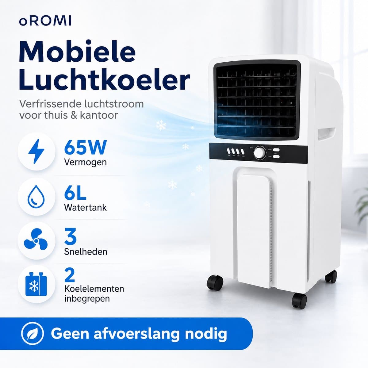 oROMI Airco 6L – Mobiele Verdampingskoeler met 3 Snelheden – Ventilator met Water- en IJskoeling – Automatische Oscillatie – 65W — afbeelding 1