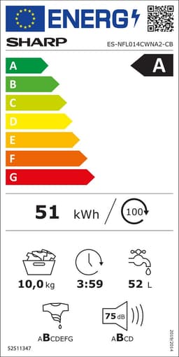 Sharp ESNL014CBA2BE - wasmachine - 10 kg - 1400 rpm - energie label A - WIFI - automatisch doseren - mat zwart — thumbnail 2