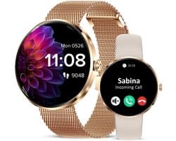 Avalue - AMOLED Dames Smartwatch - Hartslagmeter - Slaapmonitor - Vrouwengezondheid - Multisport - Android & iOS - RVS en Siliconen Band- Goud