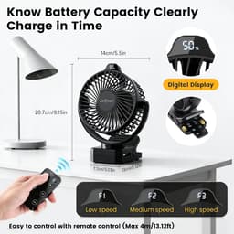 Klemventilator 15000mAh – Stille Tafelventilator 35 dB – 3 Snelheden – LED-Licht – Afstandsbediening — thumbnail 2