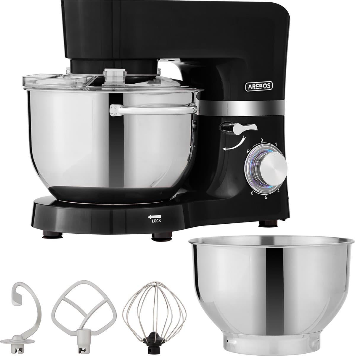 AREBOS Keukenmachine - 1500W - Keukenrobot - 5,5L&4,5L - Keukenmixer - Foodprocessor - Roestvrij Stalen Mengkom - 6 Snelheden - Zwart — afbeelding 1