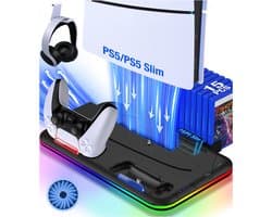 Docking Station geschikt voor PS5 Slim Charging Station - Oplaadstation Geschikt voor Playstation 5 - Accessoires Oplader Controllers - Headset Houder - Digital + Disc + Slim Edition