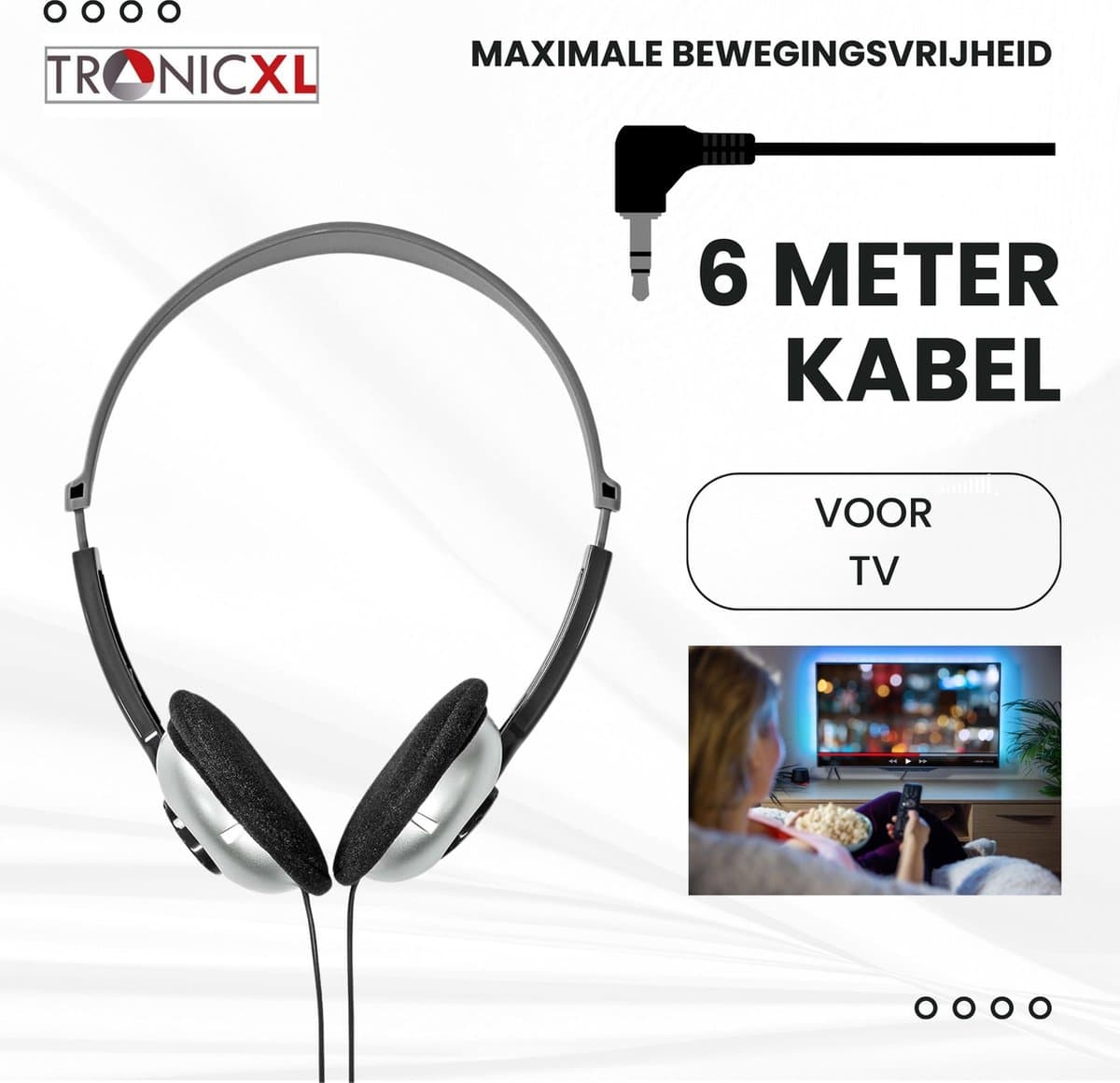 TronicXL TV hoofdtelefoon met 6m lange kabel - hoofdband stereo koptelefoon - jack plug 3,5mm - Perfect als televisie-hoofdtelefoon, ook voor senioren — afbeelding 1