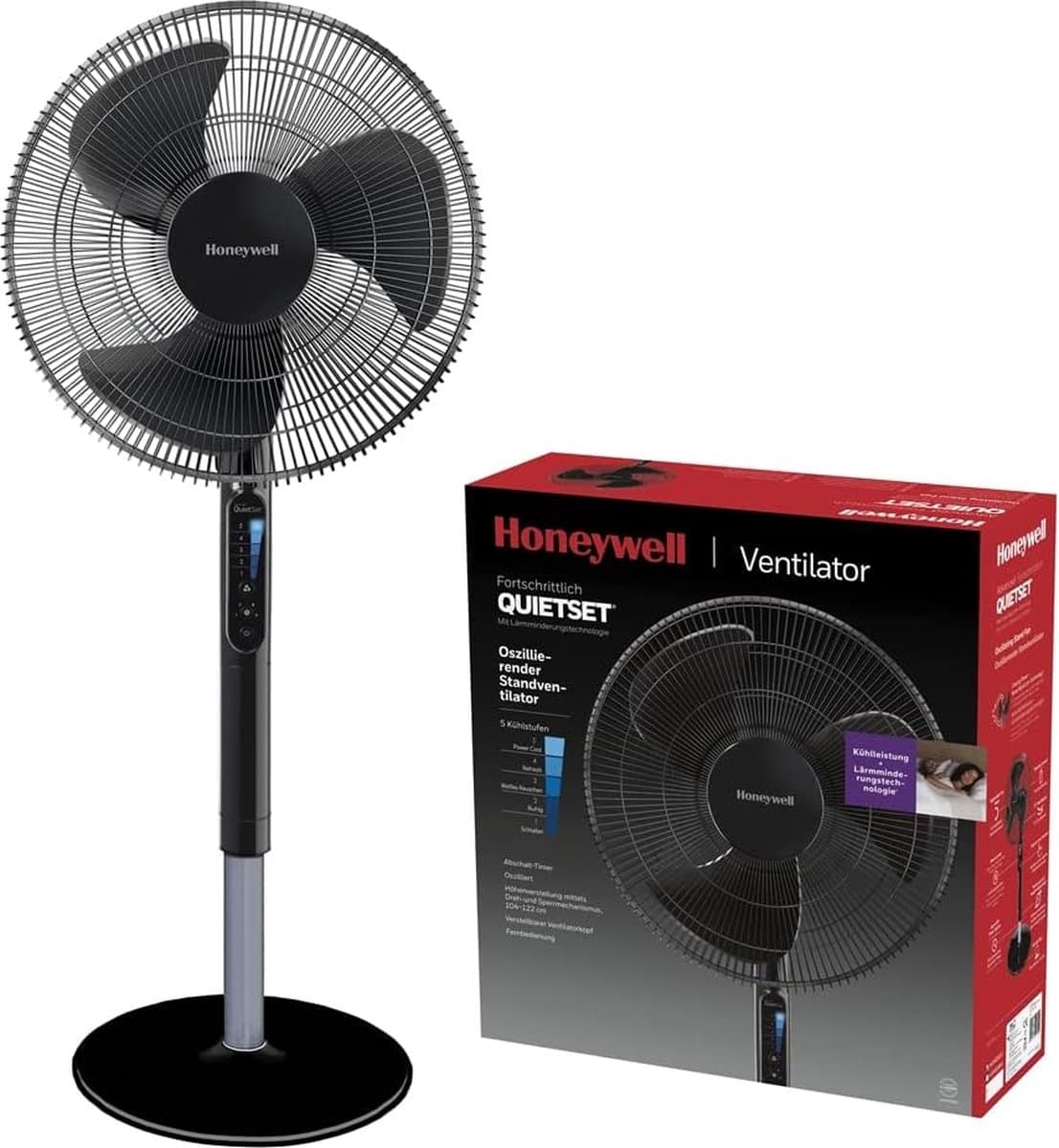 Advanced kantelende statiefventilator met QuietSet technologie - 5 snelheden - timerfunctie - 70° oscillatie - hoogteverstelling - afstandsbediening — afbeelding 1