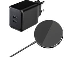 Draadloze Oplader geschikt voor MagSafe + USB C Adapter Set - Snellader - Draadloos Opladen - 15W - Twee USB poorten - Magnetisch - Zwart