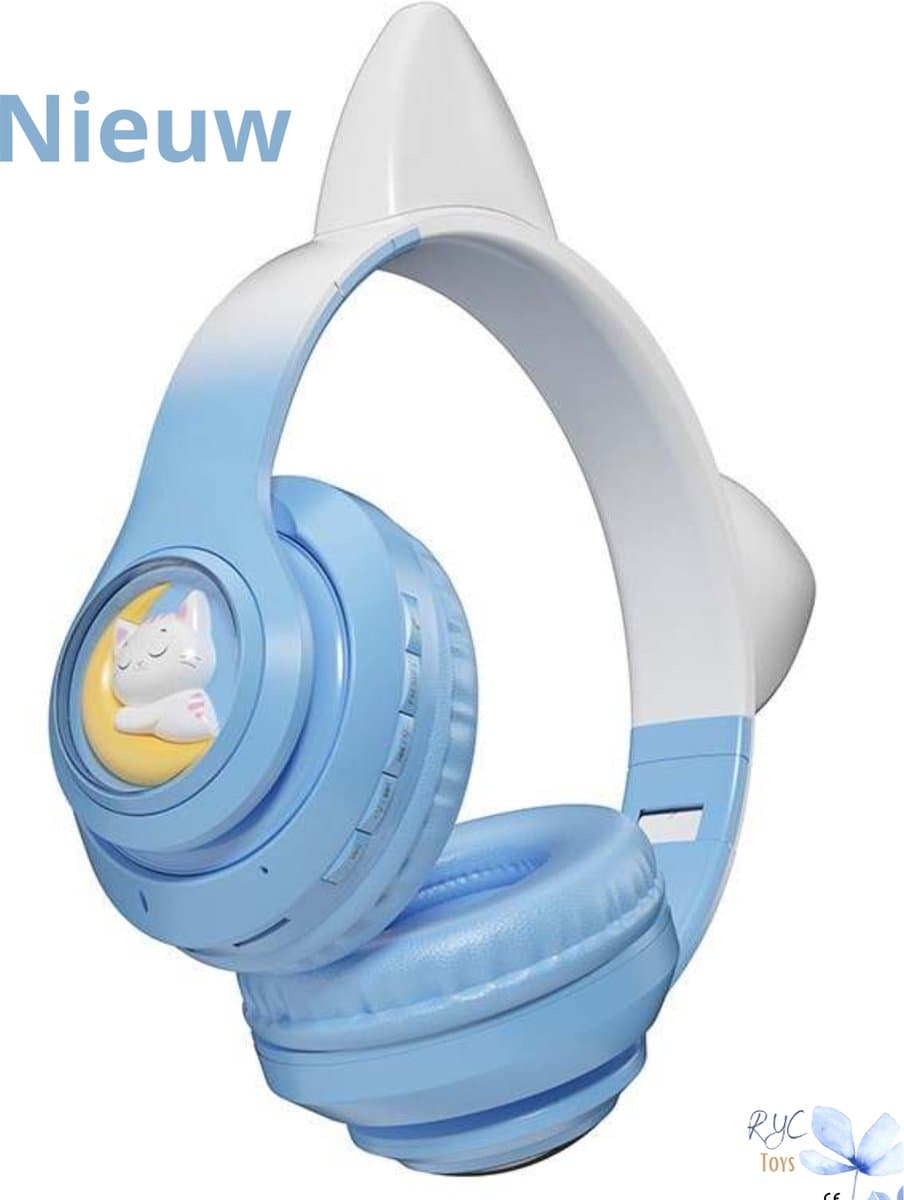RyC Toys Kinder Hoofdtelefoon- blauw |Draadloze Koptelefoon-Kids Headset-Over Ear-Bluetooth-Microfoon-Katten Oortjes-Led Verlichting — afbeelding 1