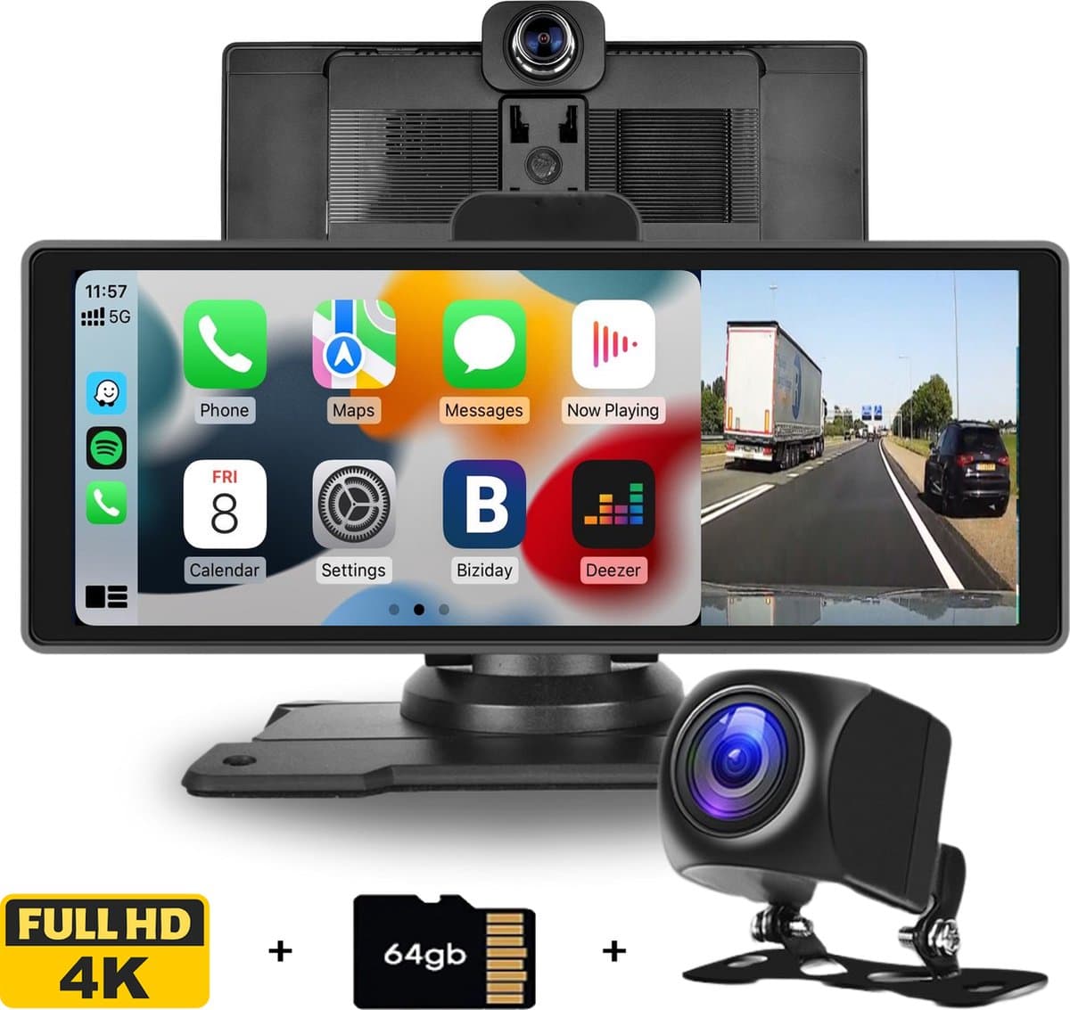 Boscer Smart FULL HD 4K Dashcam - 10.26 Inch Touchscreen - Apple Carplay & Android Auto (Draadloos) - FM Transmitter - Touchscreen - Bluetooth, SD, USB, Aux - Autoradio - AHD Achteruitrijcamera — afbeelding 1