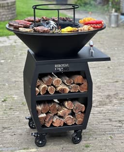 RJRoyal Living Plancha grill BBQ Companero XXL Blackline 2.0 grillring met houtopslag vuurschaal buitenkeuken grillring corten staal — thumbnail 2