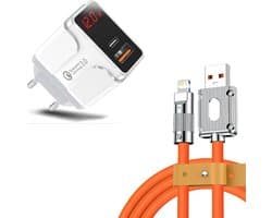 DrPhone OptiCharge - HALO5 Charger + LSC1 Lightning to USB Cable - Type-C Fast Charger & LED-display – Snellader – 2 Meter - Oranje/Wit