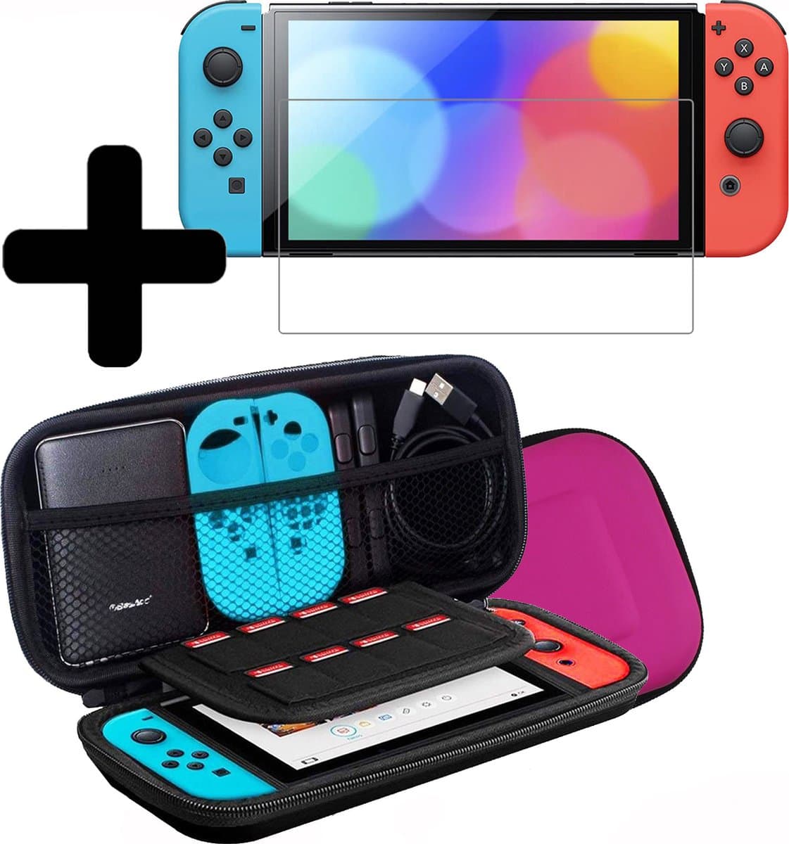 Hoes Geschikt voor Nintendo Switch OLED Case Hoesje Met Screenprotector - Bescherm Hoes Geschikt voor Nintendo Switch OLED Hoes Hard Cover - Roze — afbeelding 1