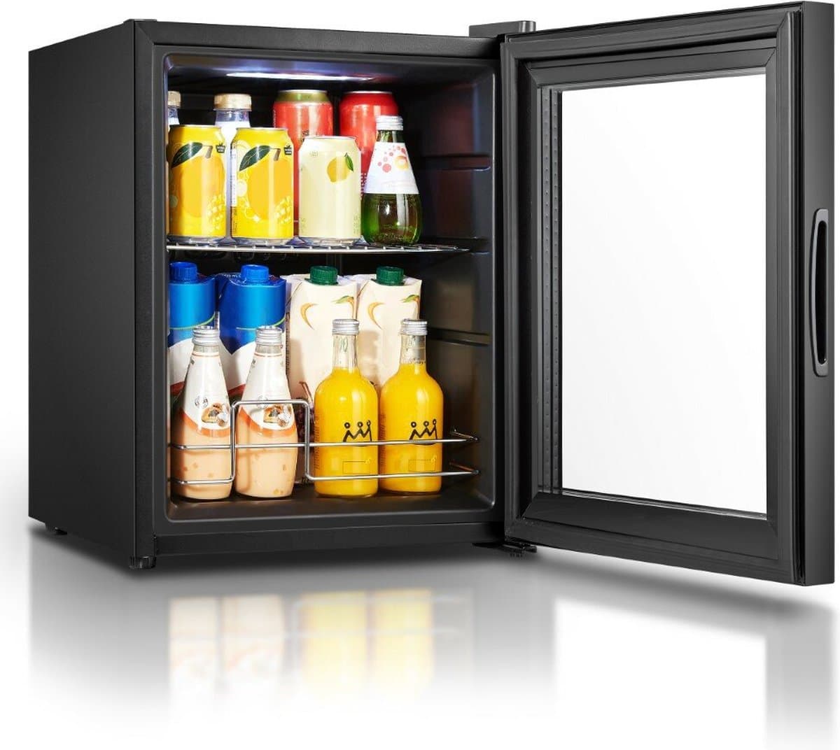 Heinrich's HKG3142 mini koelkast met glazen deur zwart 42 liter - glasdeur - doorzichtige deur - barkoelkast - vitrinekoelkast - bierkoelkast - kleine koelkast - minibar - modern - voor eten en drinken - drankenkoelkast - energielabel E - 43 decibel — afbeelding 1