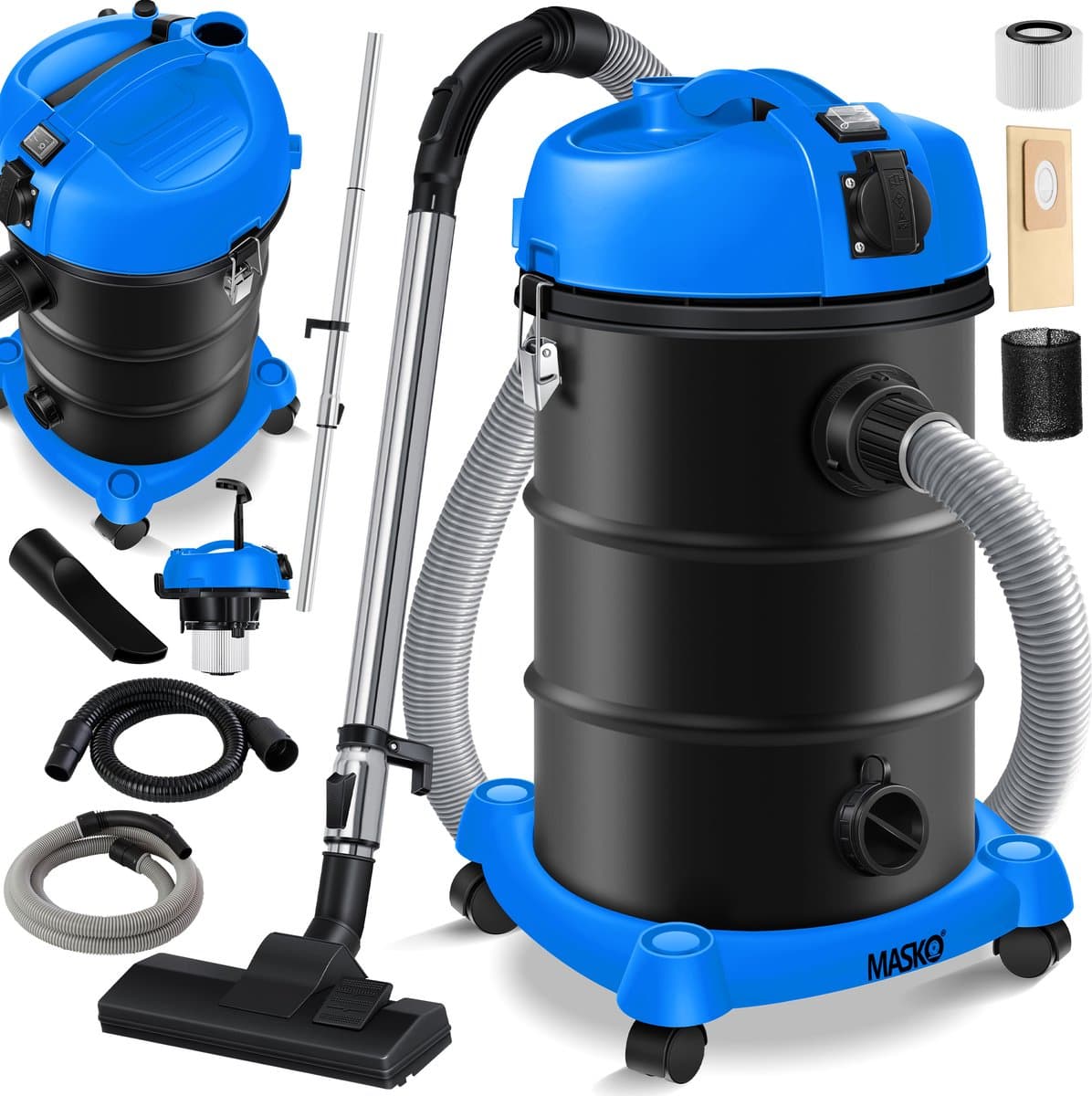 MASKO® Alleszuiger 6IN1 Nat- en Droogzuiger 2300W + stopcontact, Blaasfunctie, Droog- & natzuigen | Industriële stofzuiger vuilreservoir 30L Bouwstofzuiger - Blauw — afbeelding 1
