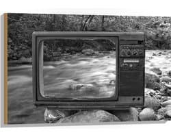Hout - Oude Vintage Televisie met Doorkijk op Rivier (Zwart-wit) - 90x60 cm - 9 mm dik - Foto op Hout (Met Ophangsysteem)