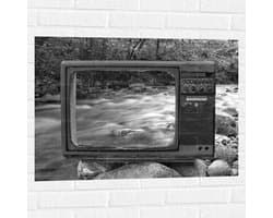 Muursticker - Oude Vintage Televisie met Doorkijk op Rivier (Zwart-wit) - 80x60 cm Foto op Muursticker