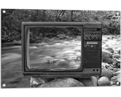 Tuinposter – Oude Vintage Televisie met Doorkijk op Rivier (Zwart-wit) - 90x60 cm Foto op Tuinposter (wanddecoratie voor buiten en binnen)