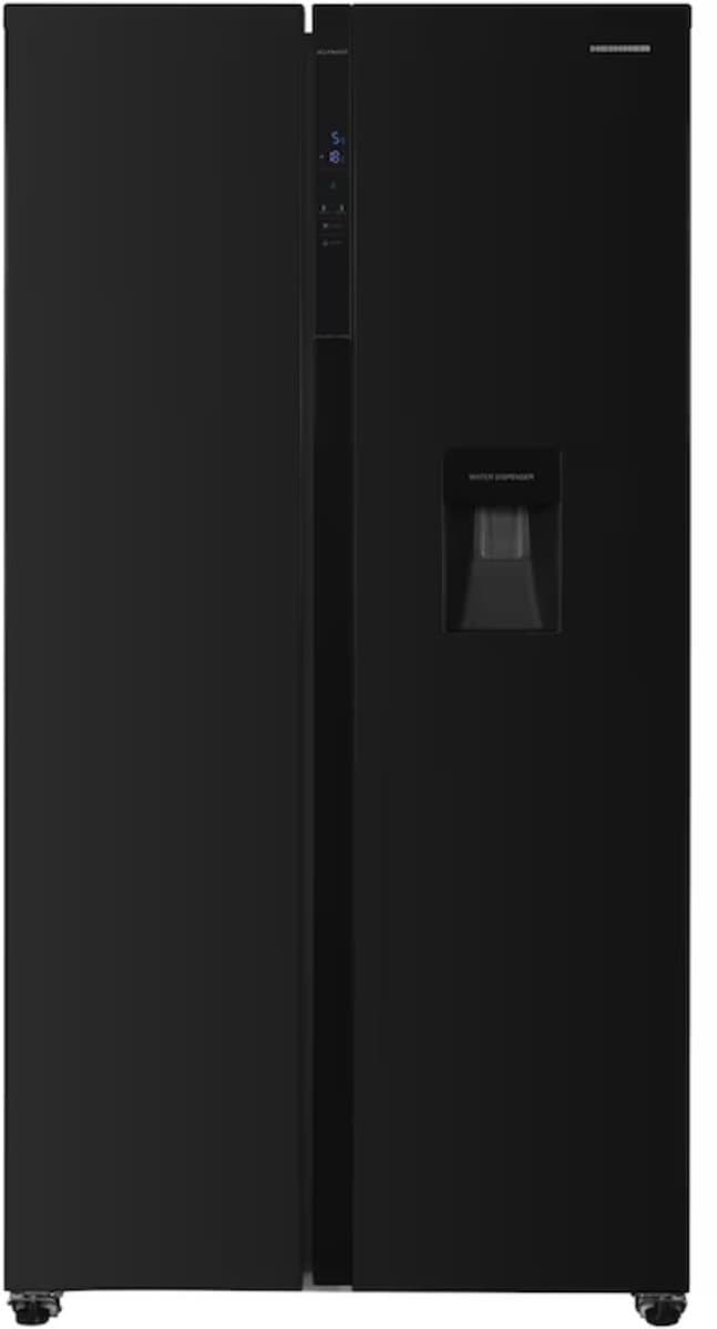 Heinner HSBS-H439NFBKWDE++ Amerikaanse Side-by-Side Koelkast met Waterdispenser – 439 L – Full No Frost – LED Touch Display – Smart Eco Functie – Zwart – 5 Jaar Garantie — afbeelding 1