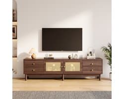 180 cm lange tv-kast in een donkere houten look met twee ratta-deuren, vier laden, kabelbeheer en hydraulisch scharnieren-scharnierenbaar voor televisies tot 80 inch