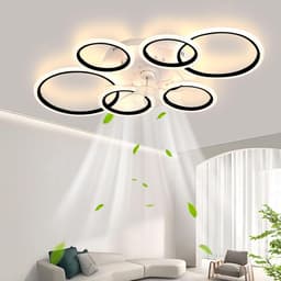 LuxiLamps - 6 Ringen LED Plafondventilator - Zwart - 6 Snelheden - Smart lamp - Dimbaar Met Afstandsbediening & APP - Moderne Cirkel Ventilator Licht - Kroonluchter Ventilator — thumbnail 1