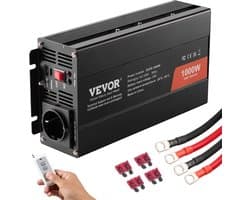VEVOR Zuivere Sinusomvormer 1000W DC 12V AC 230V Spanningsomvormer met 2 AC-aansluitingen 2 USB-poorten 1 Type-C-poort Afstandsbediening voor Kkleine Huishoudelijke Apparaten Zoals Smartphone-laptop