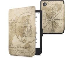 kwmobile e-reader hoesje geschikt voor Kobo Clara 2E hoes - E reader flip case met magnetische sluiting - Ereader cover - Vintage Travel design in bruin / lichtbruin