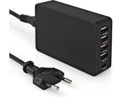 USB lader - 100/ 240 Volt - 4 USB A poorten - 1 USB C poort - 39 Watt - Zwart - Allteq