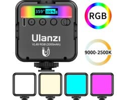 Ulanzi VL49 RGB Multi Color LED-videolamp - 2.000 mAh accu - Batterijduur 2 tot 10 uur - Wit/geel licht en kleuren - Met cold shoe mount en 1/4 inch schroefgat - USB-C - YouTube / TikTok lamp - Zwart
