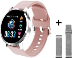 Belesy® BQSiZiPk - Limited edition - Smartwatch Dames - Smartwatch Heren - Horloge - Stappenteller - 1.3 inch - Kleurenscherm - 10x Sporten - INDOOR en OUTDOOR - Zilver - Siliconen - Roze - extra polsband Milanees staal zilver - Moederdag
