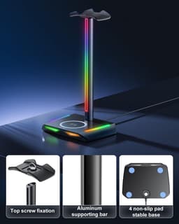 RGB Hoofdtelefoonstandaard met Draadloos Opladen en USB-C & USB Oplaadpoorten - Desk Gaming Hoofdtelefoonhouder met 7 Lichtsmodi — thumbnail 3