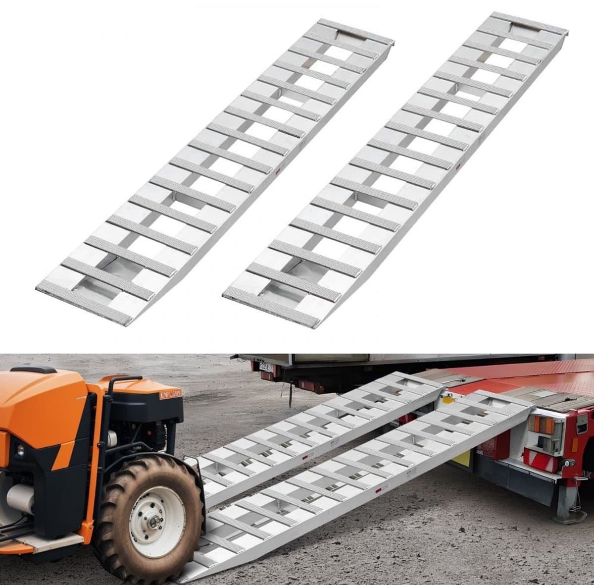 Aanhangwagen Oprijrampen/Oprijplaten - Set van 2 - Afmeting 240 x 38 cm - Totaal Draagvermogen 2721,6 kg - Aluminiumlegering - Voor ATV, Grasmaaier, Motorfiets, Tractor - Zilver — afbeelding 1
