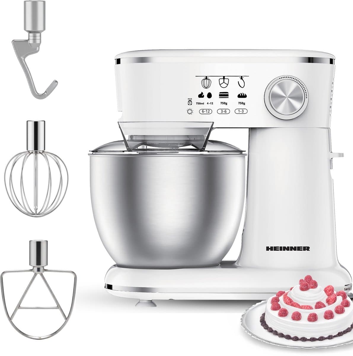 Heinner Keukenmachine Mixer – 5 L Kom – 1000 W – 12 Snelheden met Pulsfunctie – Keukenrobot inclusief RVS Garde, Menghaak en Deeghaak – Wit — afbeelding 1