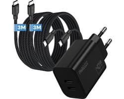 Phreeze usb C oplader 40 W - Dual usb C poorten - Power Delivery GaN charger met 2 usb C naar usb C kabels 3 m - Laptop oplader usb C - Snellader voor telefoon, tablet, laptop, powerbank, speaker en camera - Oplaadset met twee kabels