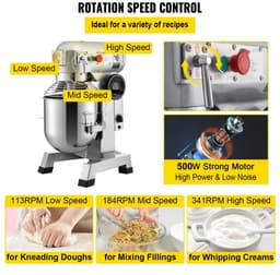 Keukenmachine - Commerciële Staande Deegmixer - RVS Kom 14,2 L - Krachtige 850 W Motor - Drie Snelheden 113/184/341 rpm - Deeghaak & Klopper - Voor Bakkerij & Pizzeria — thumbnail 5