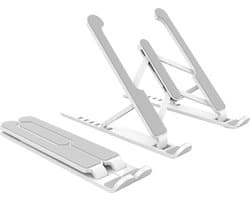 Laptop standaard - Laptop verhoger - Verstelbaar en opvouwbaar - Ergonomische laptop- en tablethouder - Aluminium met opbergzakje - Compact - Universeel - Wit - Jonyx