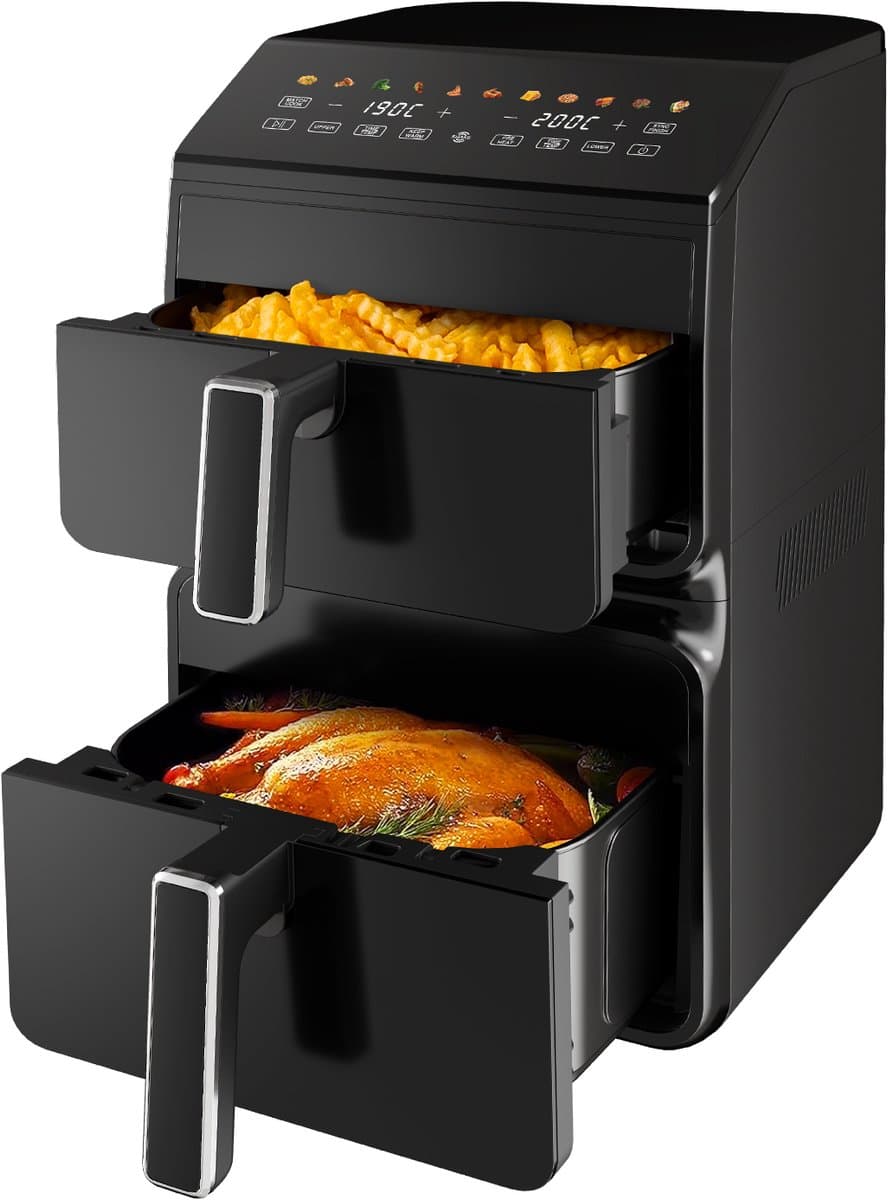 Fukstern Airfryer Pro – Dubbele Mand – 10L – 3000W – Heteluchtfriteuse met SYNC-Functie en Kijkvenster – 11 Automatische Programma’s – Zwart — afbeelding 1