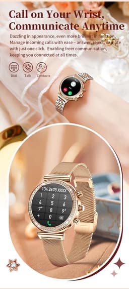 Knobbout Luxe Dames Smartwatch 1.27” met Kristallen – Bluetooth Bellen – HD Touchscreen – Hartslag, Bloeddruk & SpO₂ Monitoring – Vrouwelijke Gezondheidsfuncties – AI spraakassistent– IP68 Waterdicht – Rosé goud stalen horlogeband — thumbnail 4