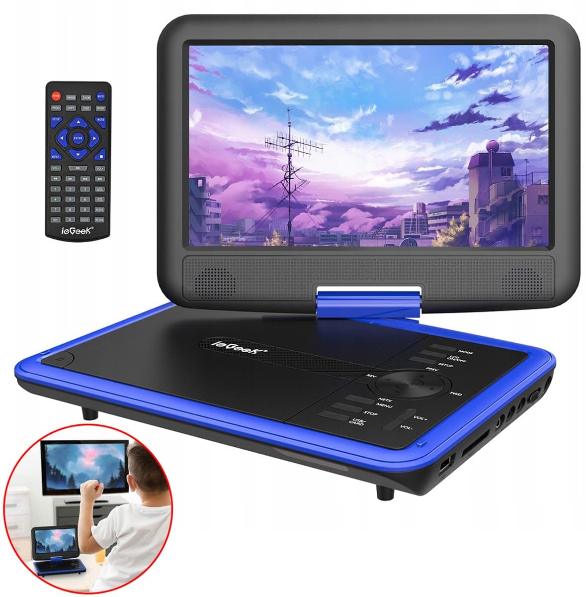 ieGeek IK-902 11" Portable dvd speler met 9" groot HD-draaischerm, 6 uur oplaadbare batterij, ondersteuning voor USB/SD-kaart/Sync TV en meerdere schijfformaten, geen regiobeperking, luidspreker met hoog volume, blauw — afbeelding 1
