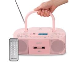 MEDION DRX-1 Plus Boombox (draagbare DAB+ & FM-radio, Bluetooth, cd-speler, MP3, cassette, hoofdtelefoonaansluiting, stereo, AUX, netstroom & batterijen) roze