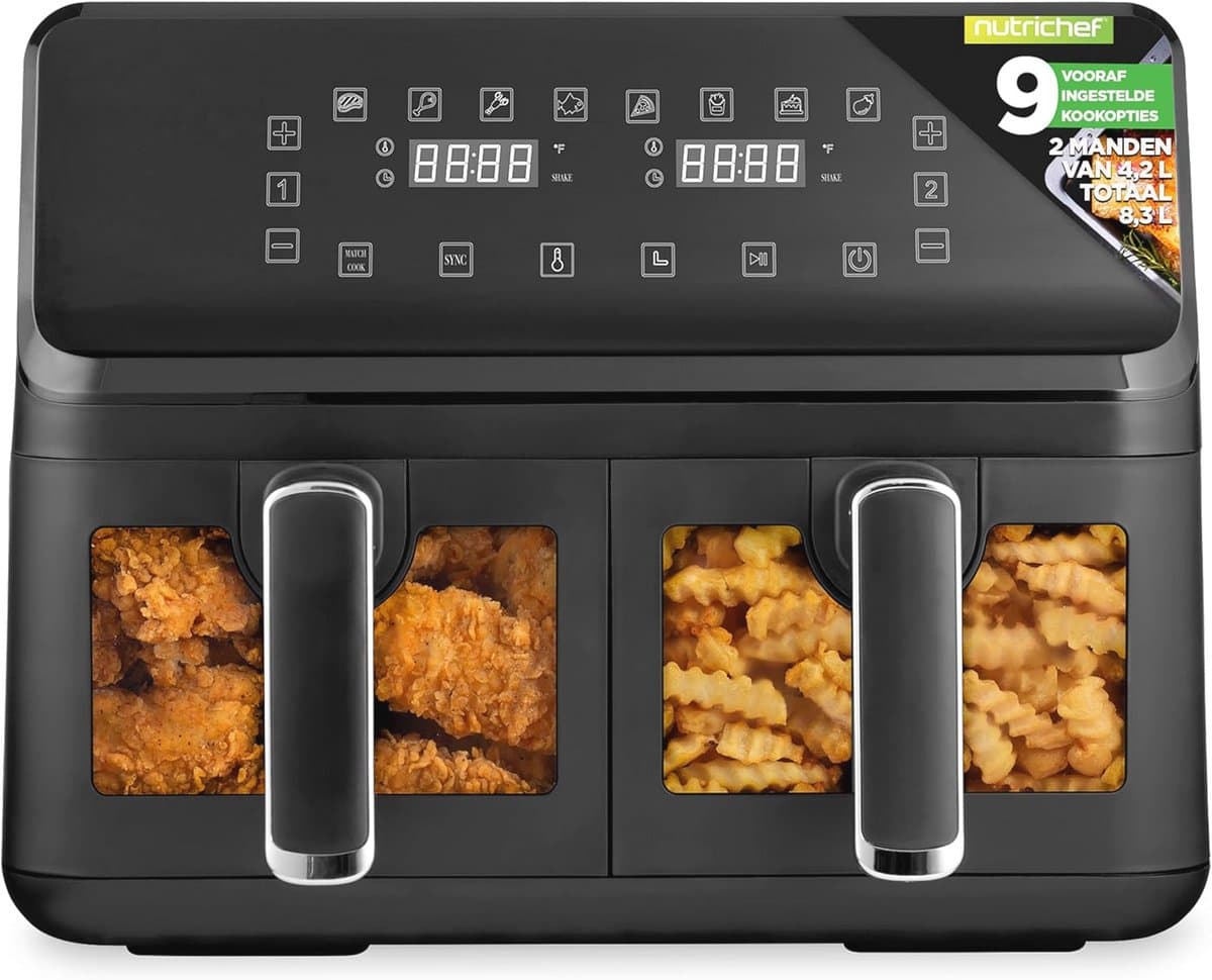 Dubbele Mand Airfryer - Heteluchtfriteuse Olievrij - Snelle Maaltijden Bereiden - Transparant Kookvenster - 88 Liter Capaciteit - Zwart — afbeelding 1