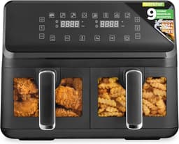 Dubbele Mand Airfryer - Heteluchtfriteuse Olievrij - Snelle Maaltijden Bereiden - Transparant Kookvenster - 88 Liter Capaciteit - Zwart — thumbnail 1